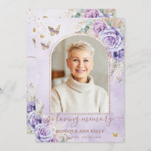 Boho Pampas Purple Floral Photo Funeral Memorial Thank You Card