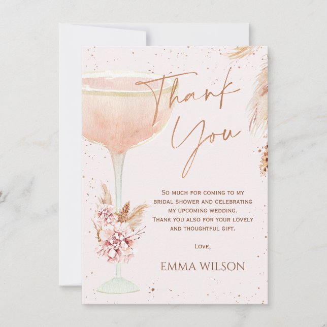 Boho Pampas Rose Gold Bridal Shower Thank You Card (Front)