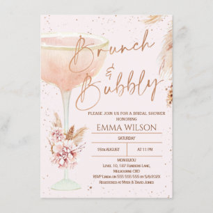 Boho Pampas Rose Gold Brunch Bubbly Bridal Shower Invitation