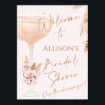 Boho Pampas Rose Gold Glass Bridal Shower Welcome  Poster<br><div class="desc">Boho Pampas Rose Gold Glass Bridal Shower Welcome Sign Delicate and modern watercolor brunch and bubbly bridal shower welcome sign featuring a bohemian floral arrangement with pampas grass. The design also features a champagne glass and a modern calligraphy faux rose gold heading. This is a sweet way to greet guests...</div>