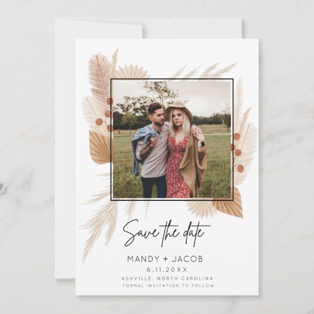 Boho Pampas Rustic Photo Wedding Save the Date (Front)