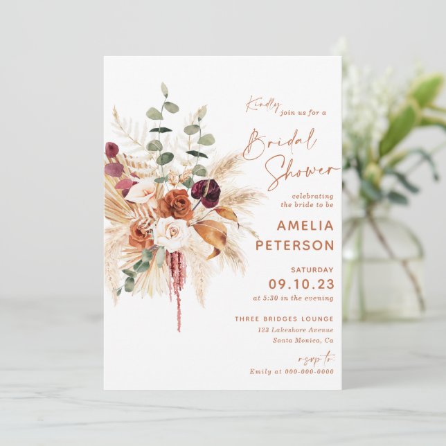 Boho Pampas Terracotta Bridal Shower Invitation (Standing Front)
