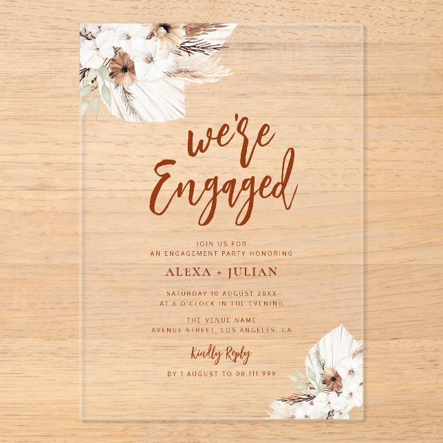 boho pampas terracotta engagement acrylic invitations (Front)