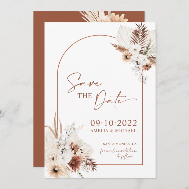 Boho Pampas Terracotta Rust Save The Date (Front/Back)