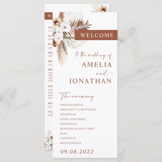 Boho Pampas Terracotta Wedding Program Card (Front/Back)