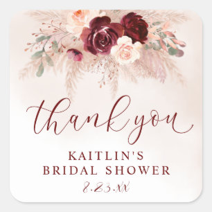 Boho Pampas Wedding Bridal Shower Burgundy Roses Square Sticker