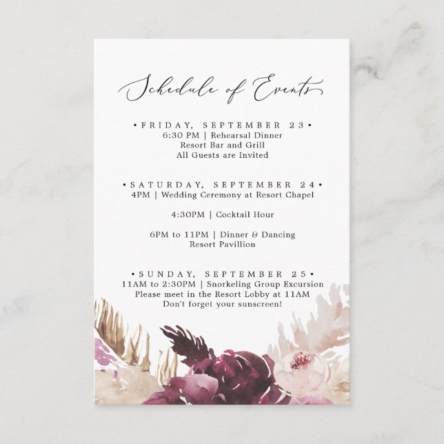 Boho Pampas Wedding Weekend Schedule of Events Enclosure Card (Front)