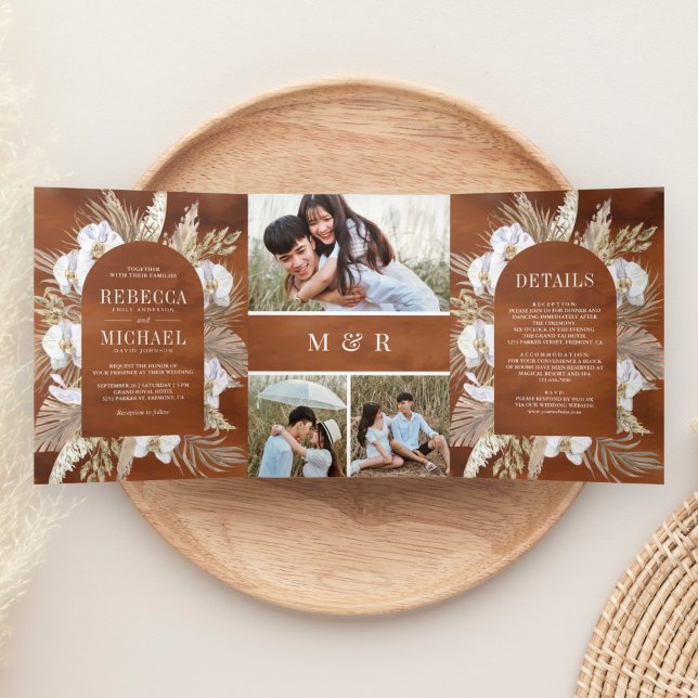 Boho Pampas White Orchid Dried Palm Earthy Wedding Tri-Fold Invitation (Creator Uploaded)