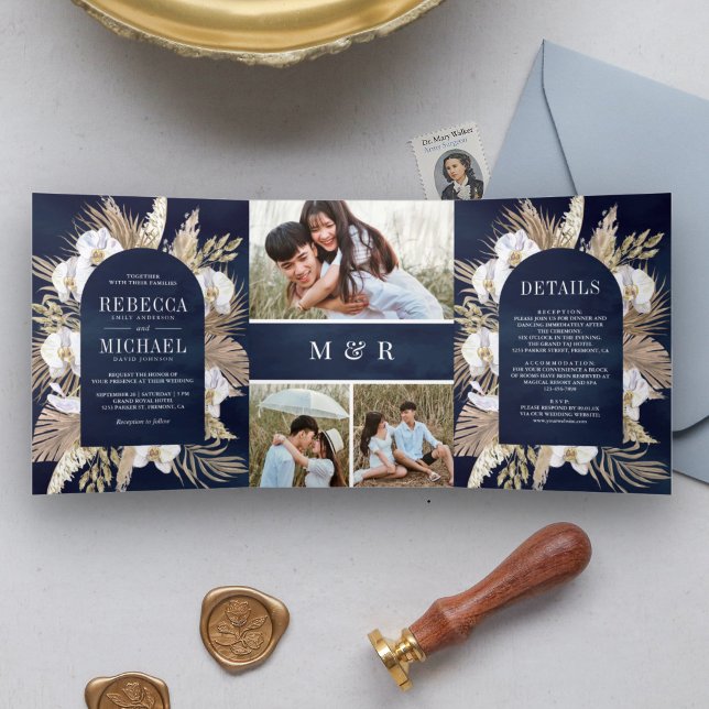 Boho Pampas White Orchid Dried Palm Navy Wedding Tri-Fold Invitation (Creator Uploaded)