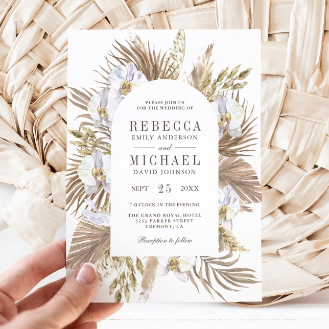 Boho Pampas White Orchid Dried Palm Wedding Invitation (Creator Uploaded)