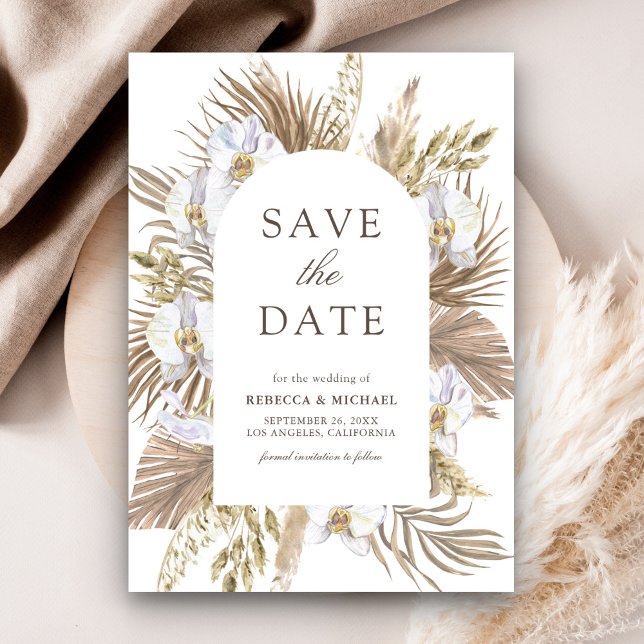 Boho Pampas White Orchid Dried Palm Wedding Save The Date (Creator Uploaded)