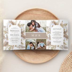 Boho Pampas White Orchid Dried Palm Wedding Tri-Fold Invitation