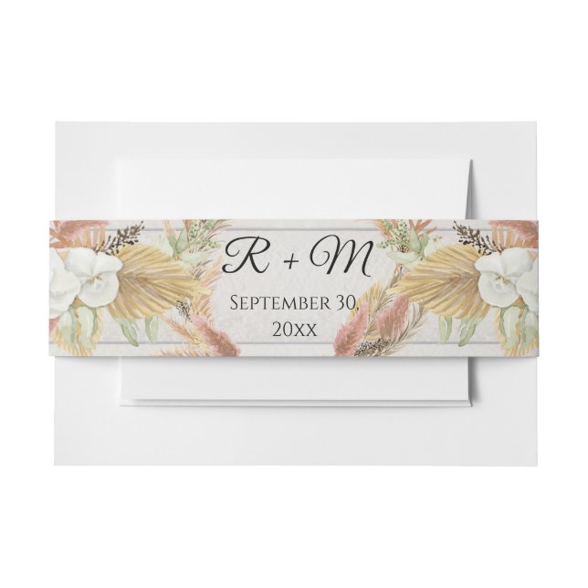 BOHO Pampas White Pink Floral Fan Palm Rustic Wood Invitation Belly Band (Front Example)