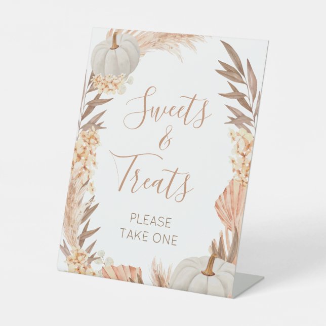 Boho Pampas white Pumpkin  Sweets & Treats sign (Front)
