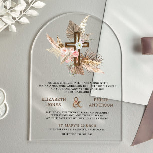 Boho Pampas Wood Cross Catholic Wedding Acrylic Invitations