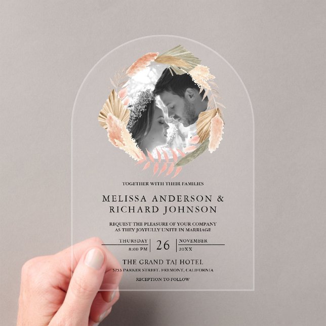 Boho Pampas Wreath Photo Dried Palm Leaves Wedding Acrylic Invitations (Insitu (Handheld))