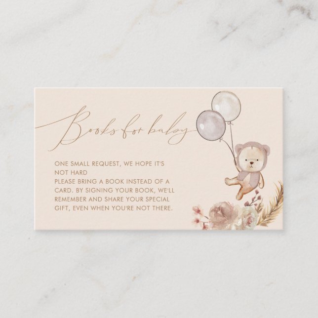 Boho Pampass Book Request Bear Balloon Baby Shower Enclosure Card (Front)