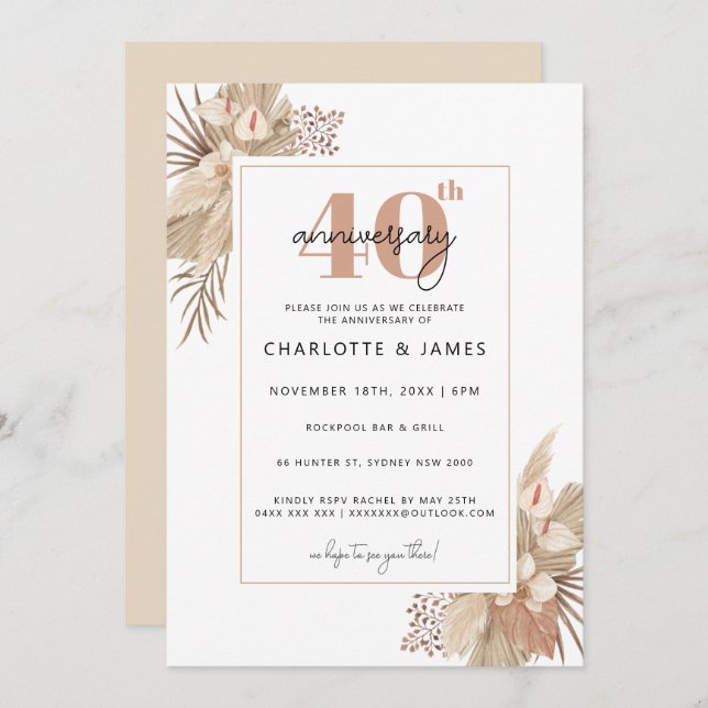 Boho Pampass Grass 40th wedding anniversary Invitation (Front/Back)