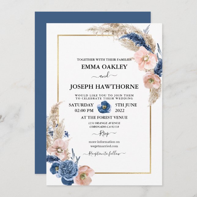Boho pastel blue & blush chic floral Wedding Invit Invitation (Front/Back)