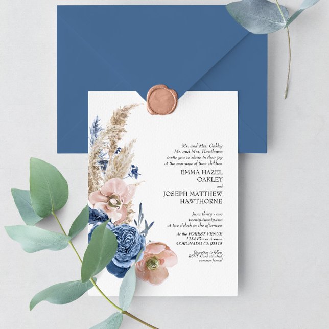 Boho pastel blue & blush chic floral Wedding Invitation (Creator Uploaded)