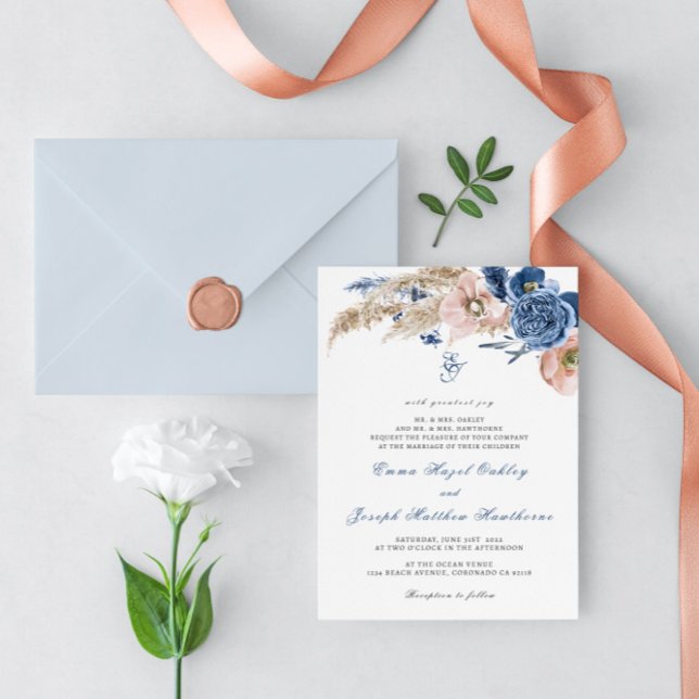 Boho pastel blue & blush chic floral Wedding Invitation (Creator Uploaded)