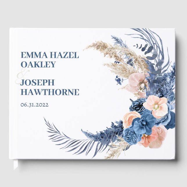 Boho pastel blue & blush chic Wedding Guest Book (Front)