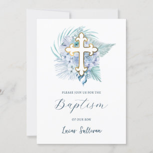 Boho Pastel Blue Bouquet Baptism Invitation