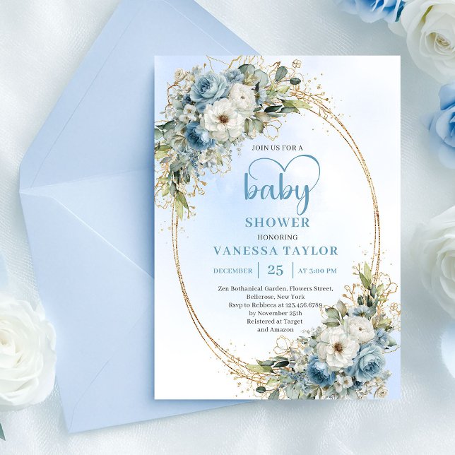 Boho Pastel Blue Floral Eucalyptus Gold Shower  Invitation (Boho Pastel Blue Floral Eucalyptus Gold Shower Invite

)