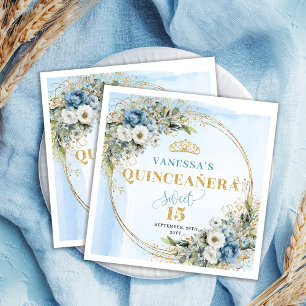 Boho Pastel Blue Floral Gold Glitter Quinceañera Napkin
