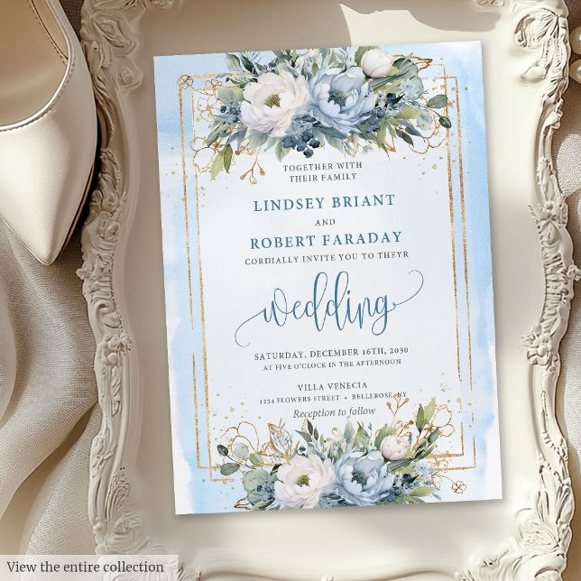 Boho Pastel Blue Gold Flowers Wedding Invitation (Boho Pastel Blue Gold Flowers Wedding Invitation)