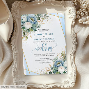 Boho Pastel Blue Gold Flowers Wedding Invitation