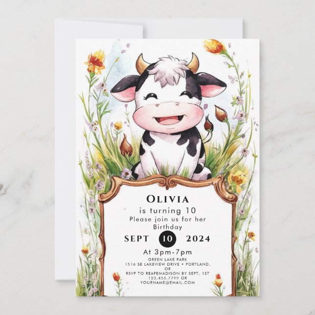 Boho Pastel Cow Birthday Invitation (Front)