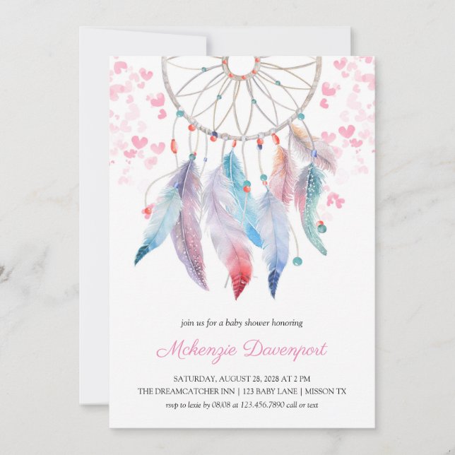 Boho Pastel Feathers Dreamcatcher Girl Baby Shower Invitation (Front)
