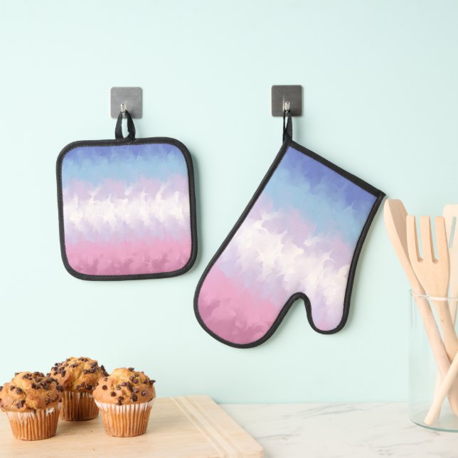 Boho Pastel Fluffy Abstract Bigender Pride Flag Oven Mitt & Pot Holder Set (Insitu(Hanging))