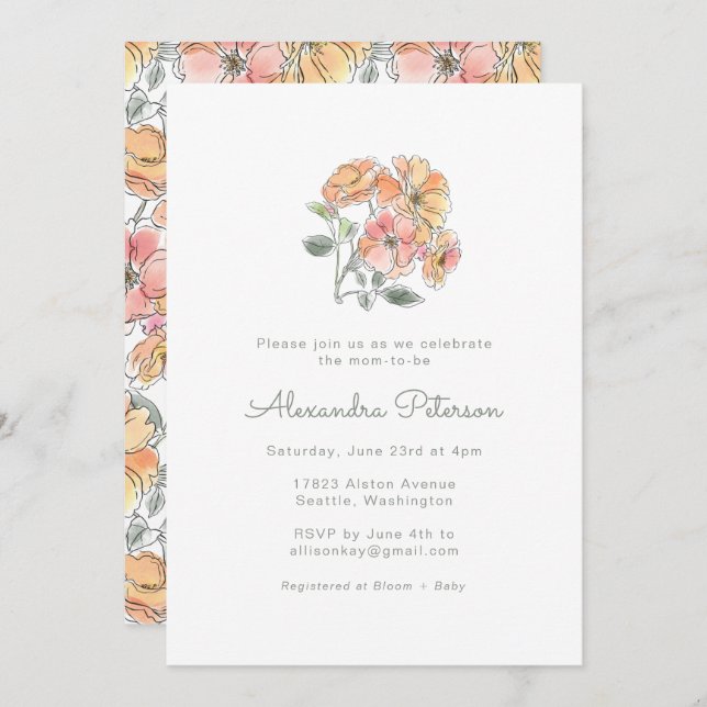 Boho Pastel Peach Watercolor Floral Baby Shower Invitation (Front/Back)