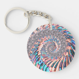 Boho Pastel Pink and Blue Spiral Abstract Fractal Key Ring