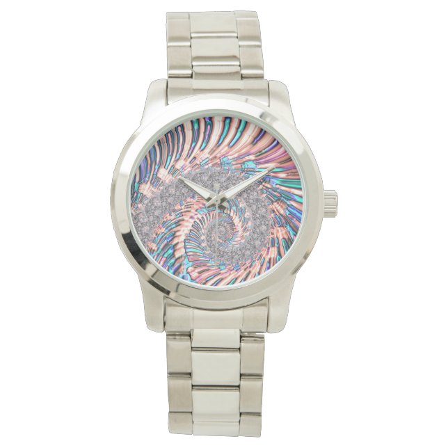 Boho Pastel Pink and Blue Spiral Abstract Fractal Watch (Front)