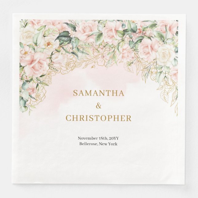 Boho pastel pink roses eucalyptus gold wedding napkin (Front)