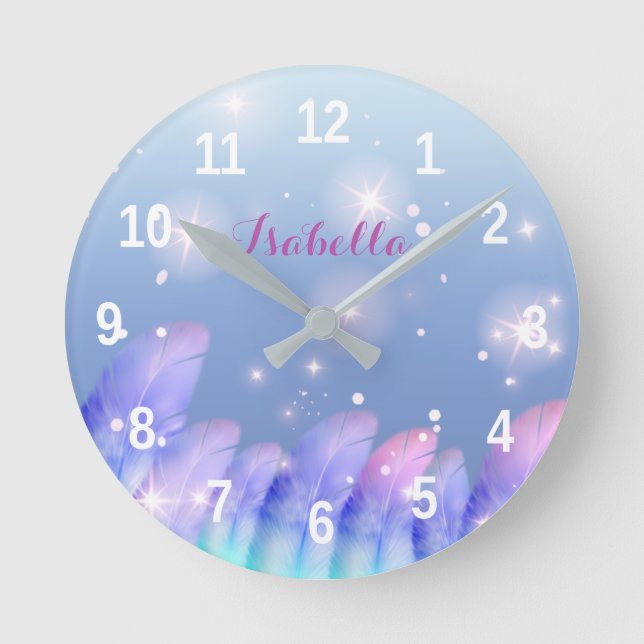 Boho Pastel Purple Pink Feathers Sparkles Custom Round Clock (Front)