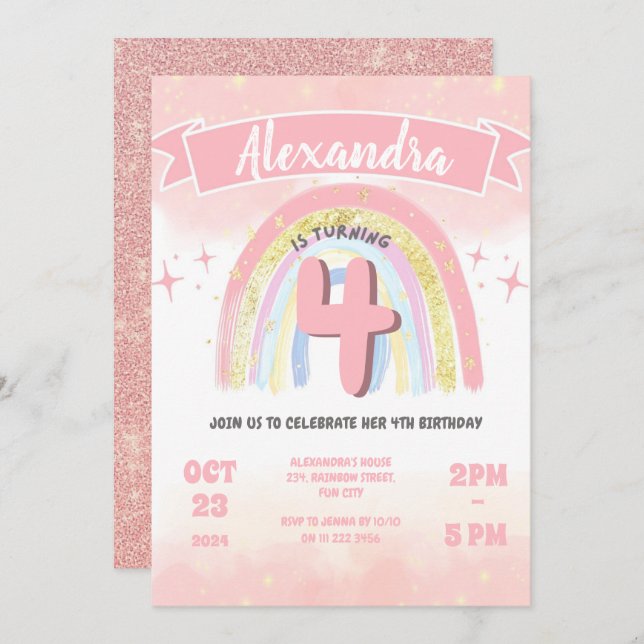 Boho Pastel Rainbow 4th Four Birthday Girl Glitter Invitation (Front/Back)