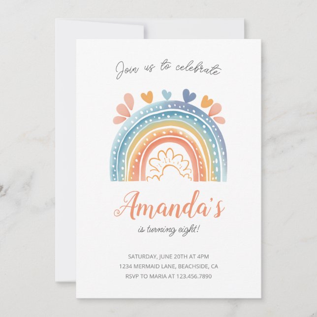 Boho Pastel Rainbow Girl's Birthday Party Invitation (Front)