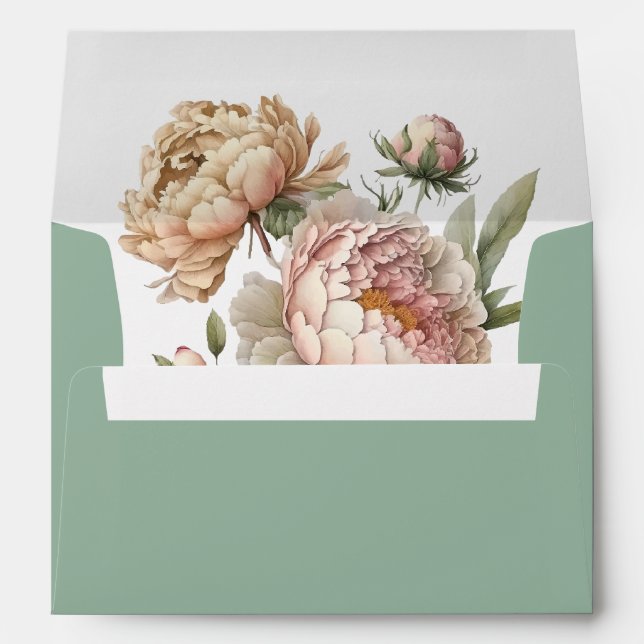 Boho Pastel Sage and Blush Peonies Wedding  Envelope (Back (Bottom))