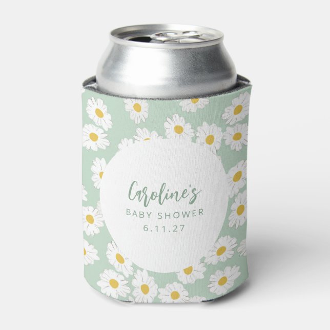 Boho Pastel Sage Daisies Floral Custom Baby Shower Can Cooler (Can Front)