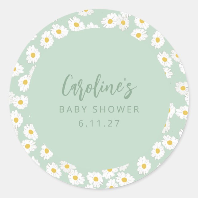 Boho Pastel Sage Daisies Floral Custom Baby Shower Classic Round Sticker (Front)
