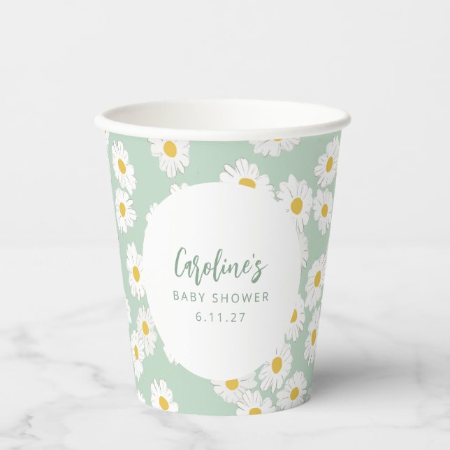 Boho Pastel Sage Daisies Floral Custom Baby Shower Paper Cups (Front)