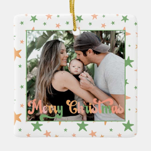 BOHO Pastel Star Pattern One Photo Merry Christmas Ceramic Ornament (Front)