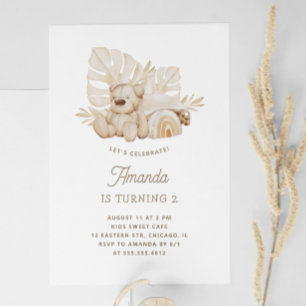 Boho pastel Teddy bear toy. Cute kids birthday Invitation