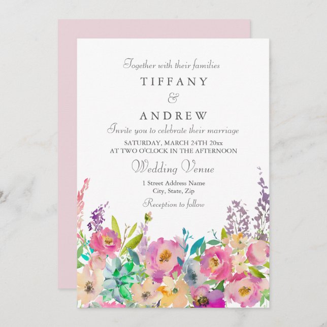 Boho Pastel Watercolor Floral Wedding Invitation (Front/Back)