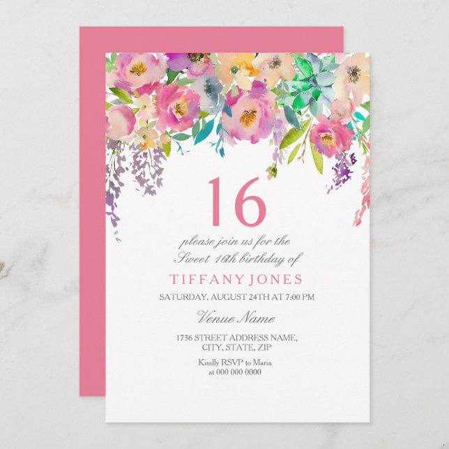 Boho Pastel Watercolor Flowers 16th Birthday Party Invitation (Front/Back)