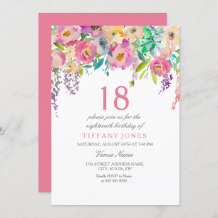 Boho Pastel Watercolor Flowers 18th Birthday Party Invitation
